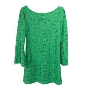 Judith March Green Crochet Knit Dress Bell Sleeve SZ S Boho